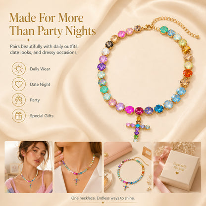 Colorful Zircon Layered Cross Necklace – Trendy Tassel Pendant Jewelry for Women