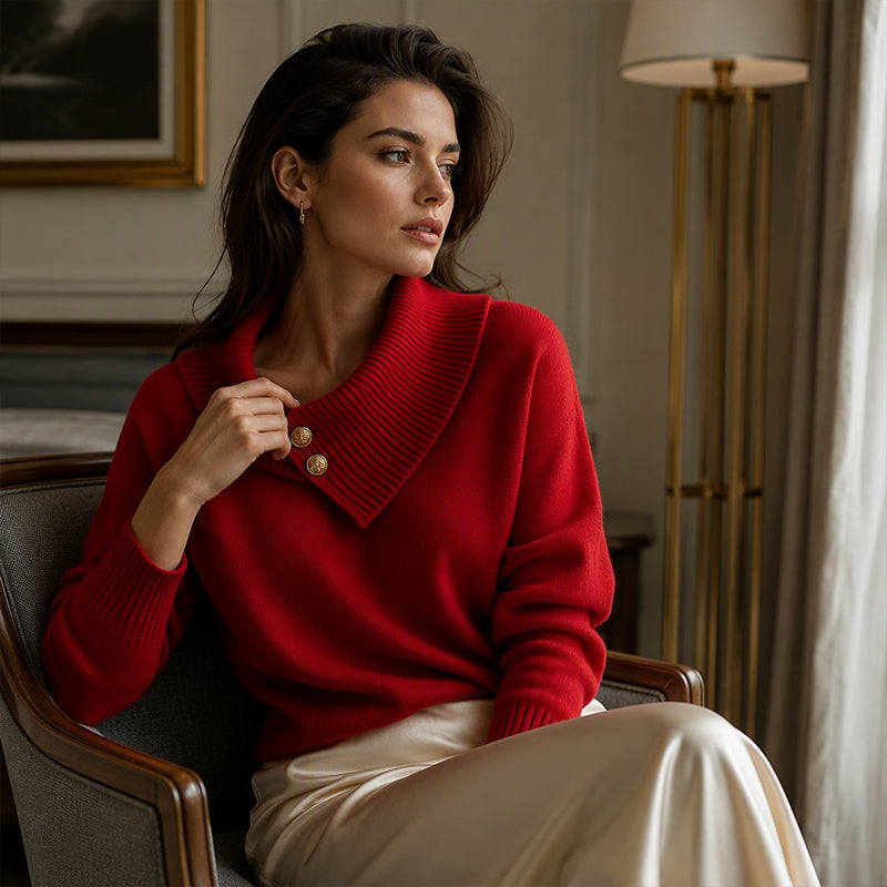 ✨ Women's Knit Sweater with Asymmetric Lapel & Statement Buttons 🍃