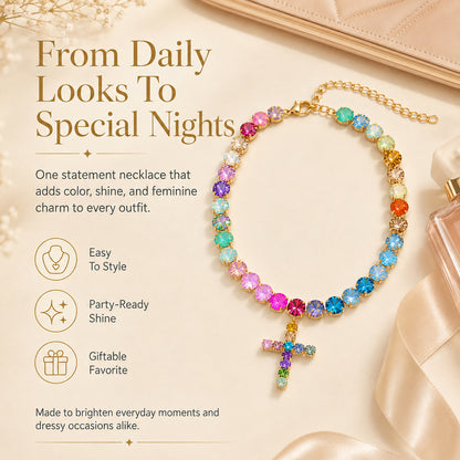 Colorful Zircon Layered Cross Necklace – Trendy Tassel Pendant Jewelry for Women