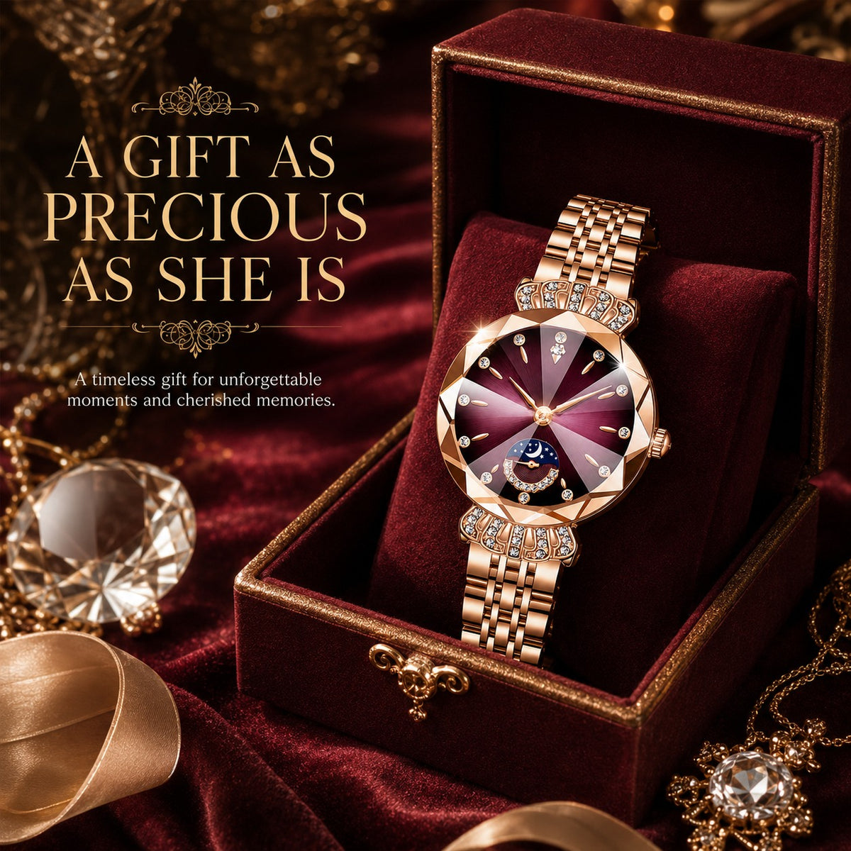 👑 Luxurious Rose Gold Crystal Quartz Watch – Diamond Cut Vintage Wristwatch ✨