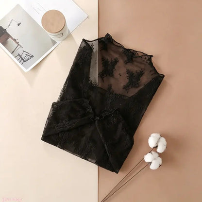 ✨ Elegant Lace Mesh Long-Sleeve Top – Women's Stretchy Breathable Innerwear, Lightweight & Soft for Spring-Autumn-Winter Layering