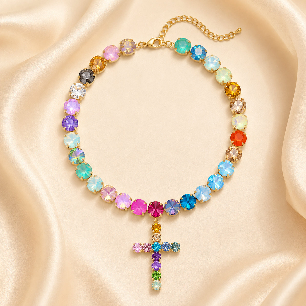 Colorful Zircon Layered Cross Necklace – Trendy Tassel Pendant Jewelry for Women