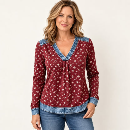 Color Block Plaid Blouse – Denim-Look Patchwork V-Neck, Long Sleeve, Relaxed Fit Women’s Shirt