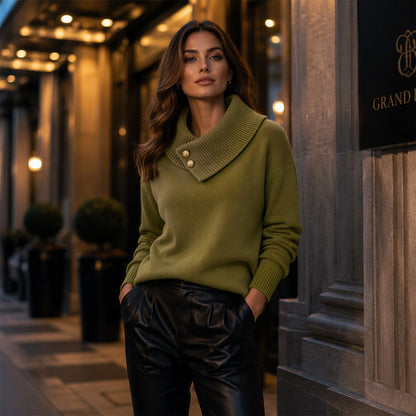 ✨ Women's Knit Sweater with Asymmetric Lapel & Statement Buttons 🍃