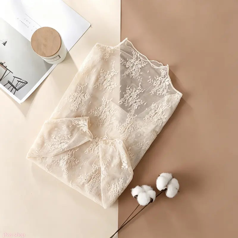 ✨ Elegant Lace Mesh Long-Sleeve Top – Women's Stretchy Breathable Innerwear, Lightweight & Soft for Spring-Autumn-Winter Layering