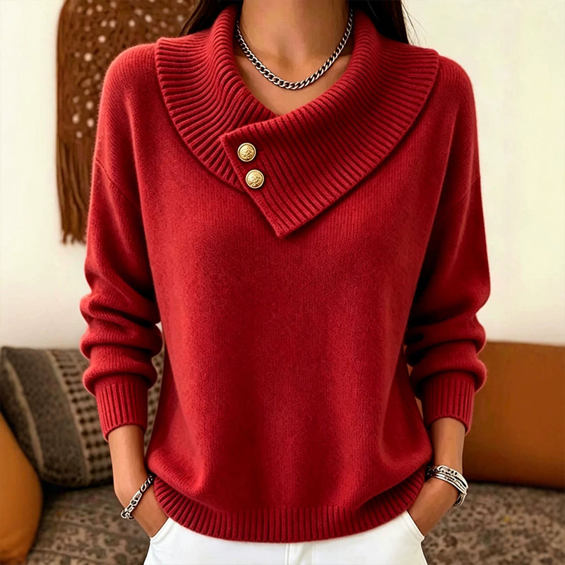 ✨ Women's Knit Sweater with Asymmetric Lapel & Statement Buttons 🍃