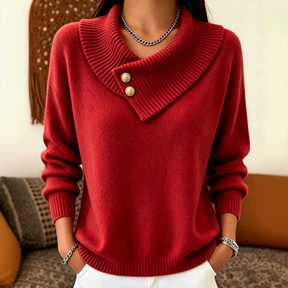 ✨ Women's Knit Sweater with Asymmetric Lapel & Statement Buttons 🍃