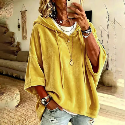 👗 Women's Minimalist Velour Hoodie – Loose Fit, 3/4 Sleeves, Soft Velvet Pullover for Fall & Winter