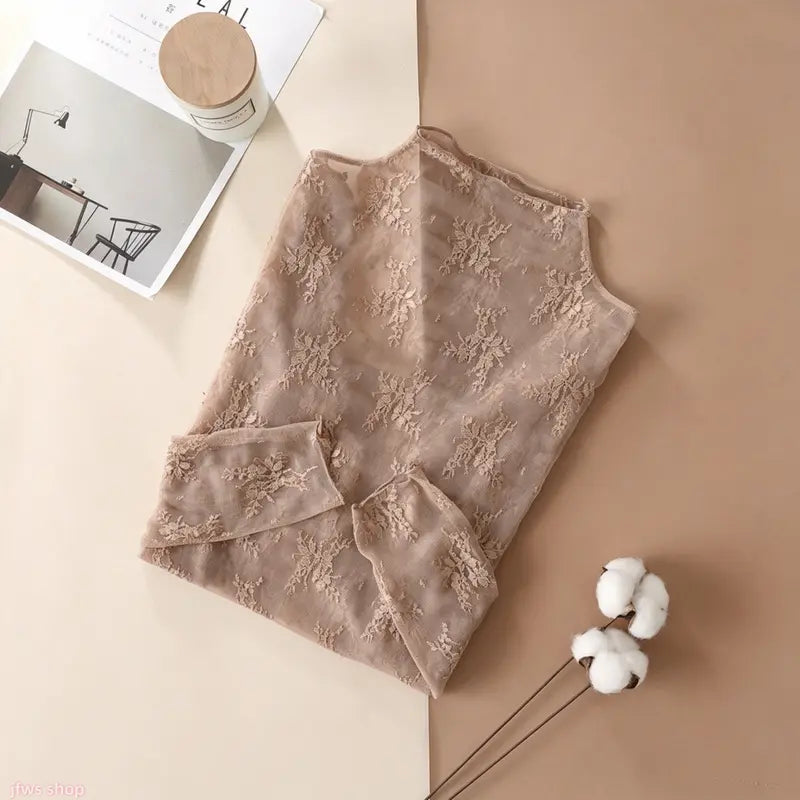 ✨ Elegant Lace Mesh Long-Sleeve Top – Women's Stretchy Breathable Innerwear, Lightweight & Soft for Spring-Autumn-Winter Layering