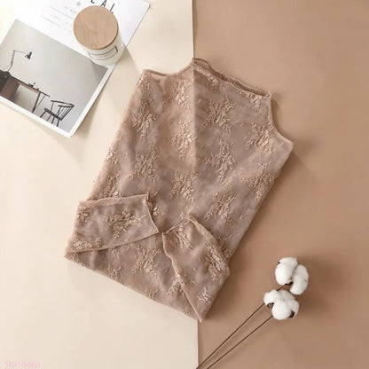 ✨ Elegant Lace Mesh Long-Sleeve Top – Women's Stretchy Breathable Innerwear, Lightweight & Soft for Spring-Autumn-Winter Layering