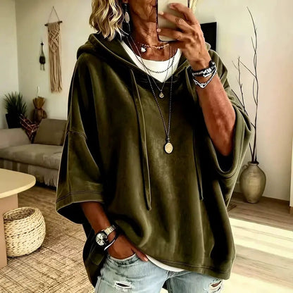 👗 Women's Minimalist Velour Hoodie – Loose Fit, 3/4 Sleeves, Soft Velvet Pullover for Fall & Winter