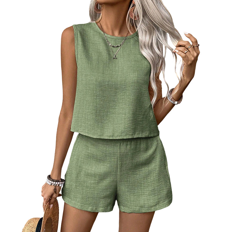 Women's Solid-Color Casual Sleeveless Top and Shorts Set