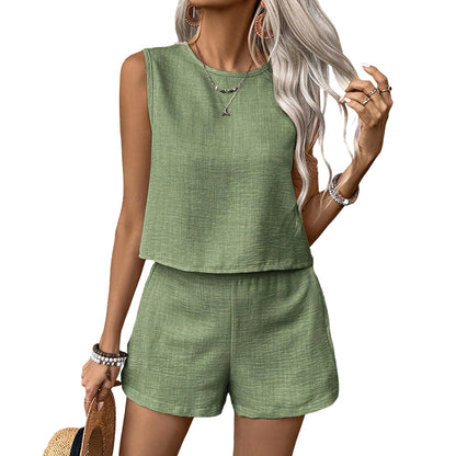 Women's Solid-Color Casual Sleeveless Top and Shorts Set