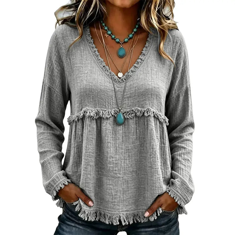 🌾Boho Fringe V-Neck Top – Flowy, Loose & Tassel Hem