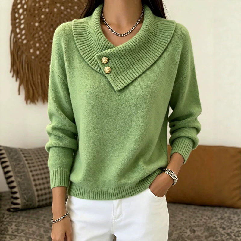 ✨ Women's Knit Sweater with Asymmetric Lapel & Statement Buttons 🍃
