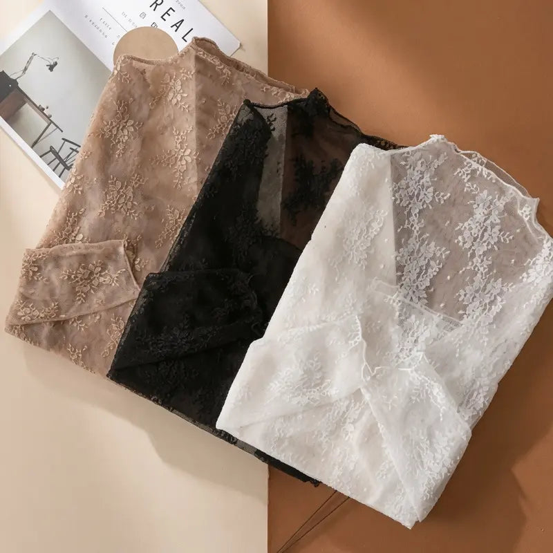 ✨ Elegant Lace Mesh Long-Sleeve Top – Women's Stretchy Breathable Innerwear, Lightweight & Soft for Spring-Autumn-Winter Layering