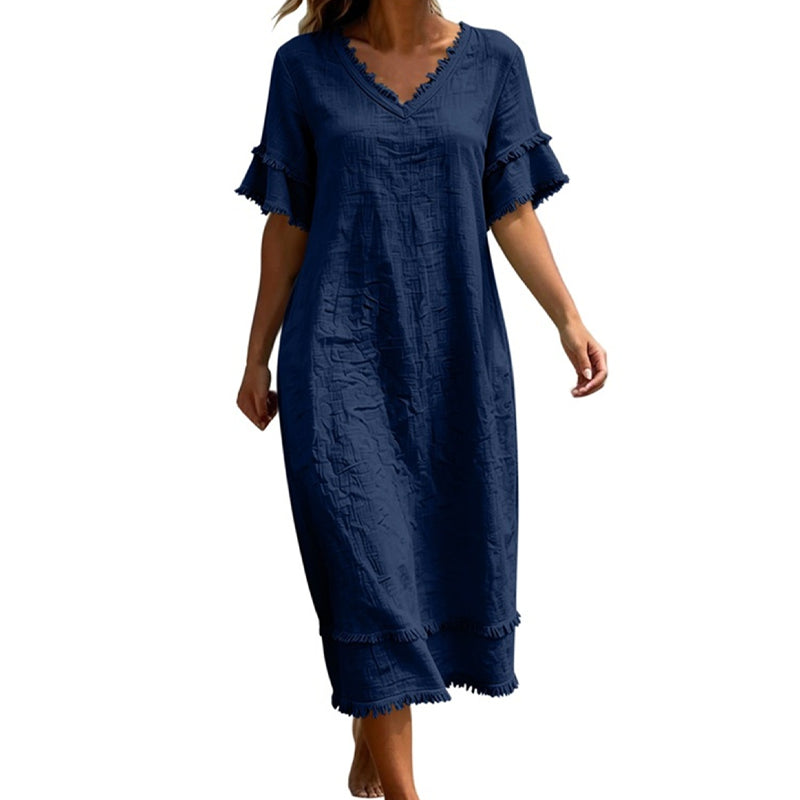 Women's V-Neck Tassel Loose-Fit Midi Dress