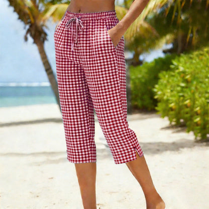 Gingham Capri Pants – Drawstring Comfort & Breathable Cotton-Linen