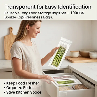 🥬100/200PCS Reusable Long Food Storage Bags, Double-Zip Seal Freshness Bags for Kitchen
