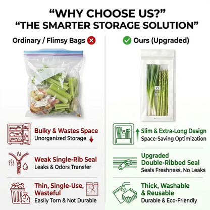 🥬100/200PCS Reusable Long Food Storage Bags, Double-Zip Seal Freshness Bags for Kitchen