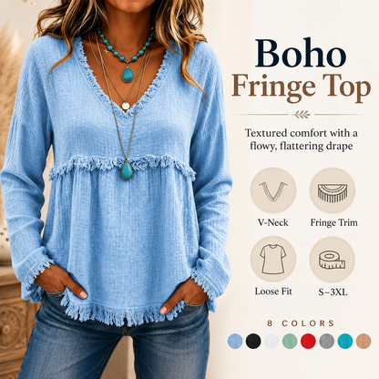 🌾Boho Fringe V-Neck Top – Flowy, Loose & Tassel Hem
