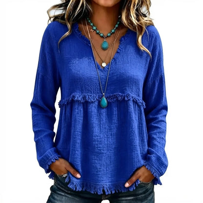🌾Boho Fringe V-Neck Top – Flowy, Loose & Tassel Hem