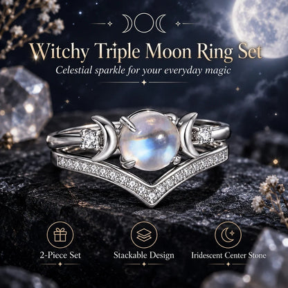 🌙 Witchy Triple Moon Ring Set – Silver-Tone Witchy Celestial