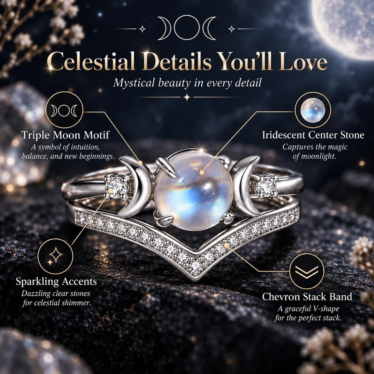 🌙 Witchy Triple Moon Ring Set – Silver-Tone Witchy Celestial