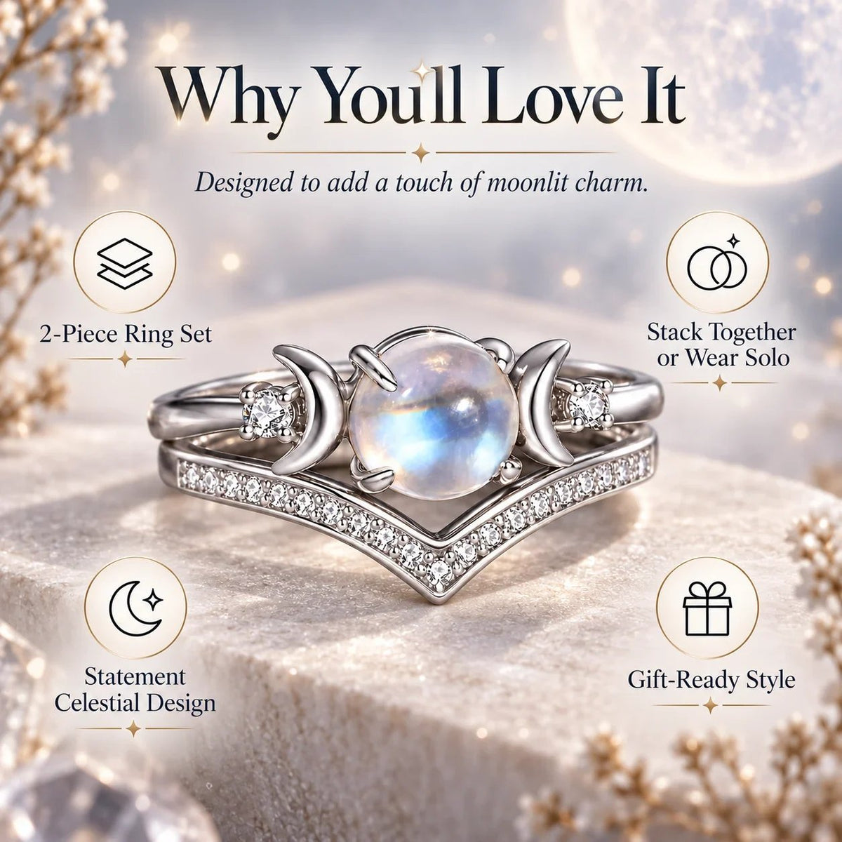 🌙 Witchy Triple Moon Ring Set – Silver-Tone Witchy Celestial