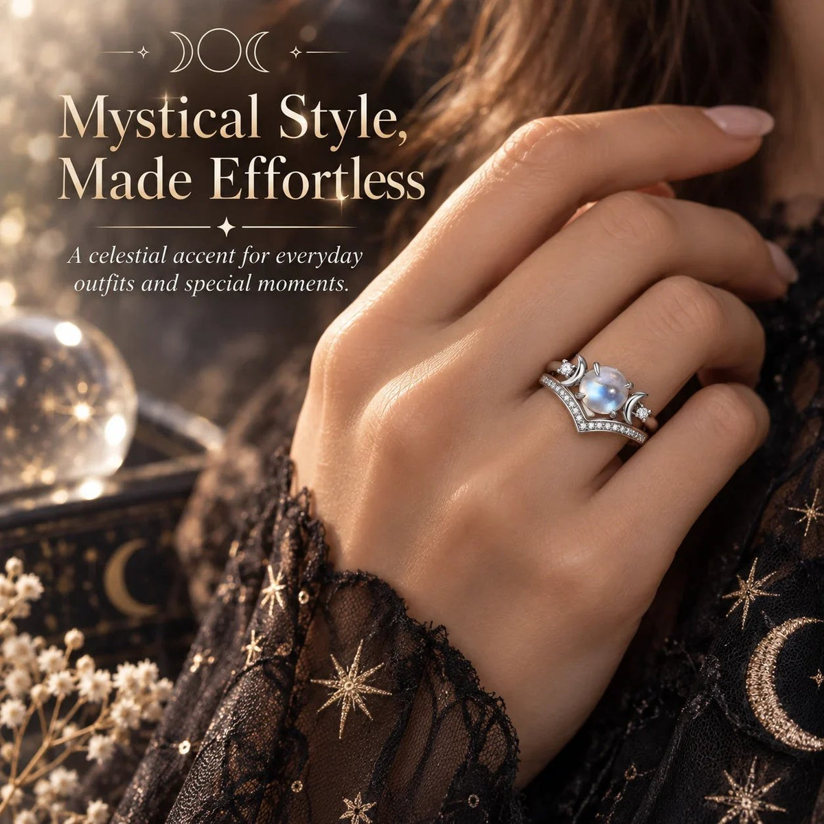 🌙 Witchy Triple Moon Ring Set – Silver-Tone Witchy Celestial
