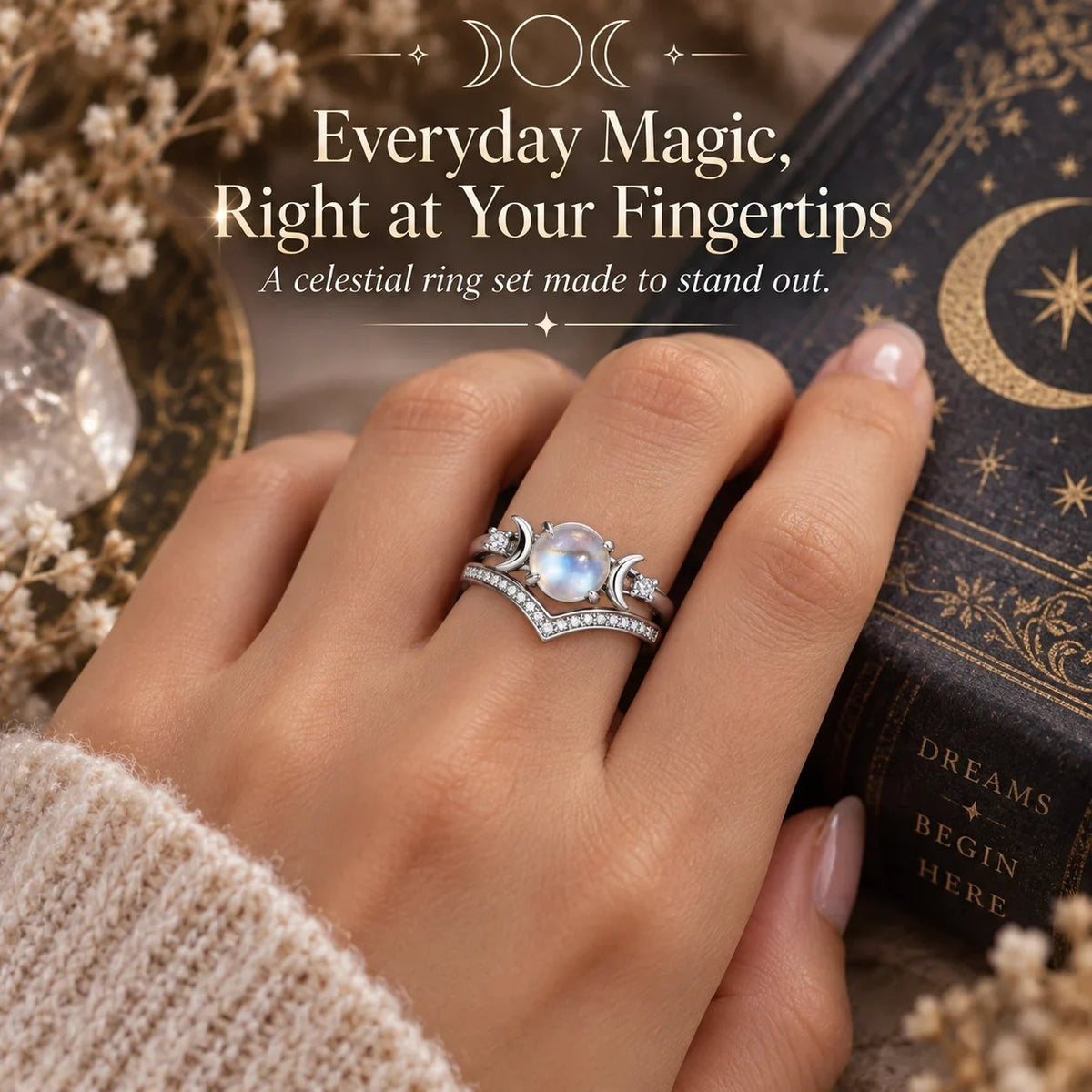 🌙 Witchy Triple Moon Ring Set – Silver-Tone Witchy Celestial
