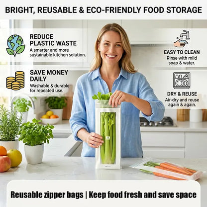 🥬100/200PCS Reusable Long Food Storage Bags, Double-Zip Seal Freshness Bags for Kitchen