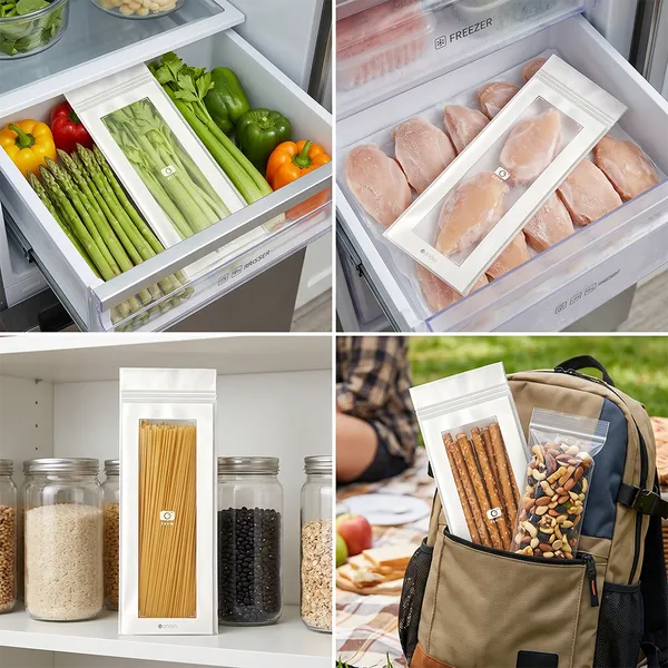🥬100/200PCS Reusable Long Food Storage Bags, Double-Zip Seal Freshness Bags for Kitchen