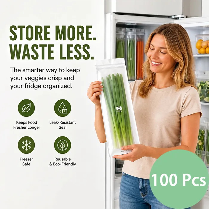 🥬100/200PCS Reusable Long Food Storage Bags, Double-Zip Seal Freshness Bags for Kitchen